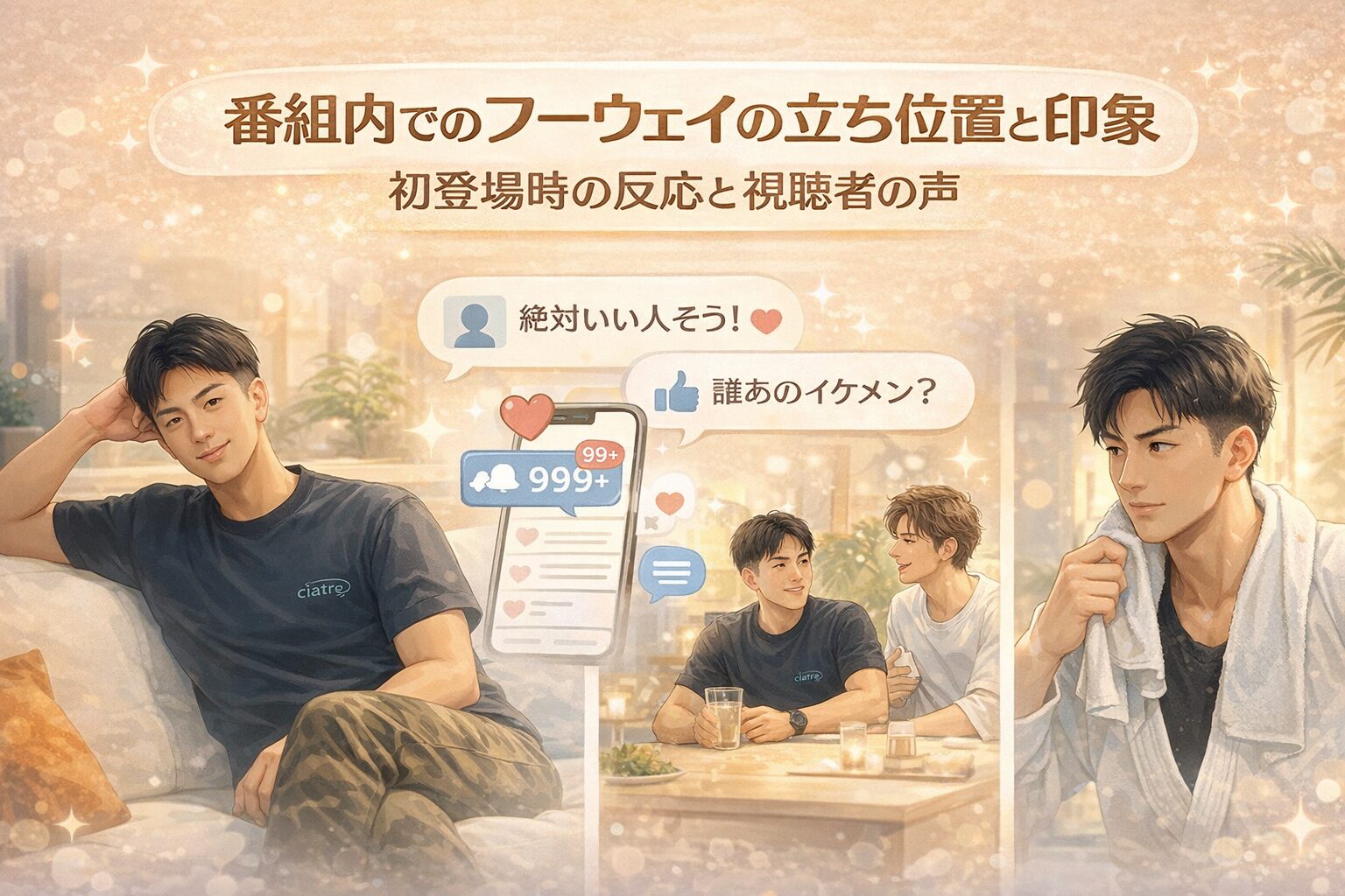 恋愛リアリティ番組『ボーイフレンド2』に出演するフーウェイの初登場時の印象や、視聴者からの好意的な反応を紹介する画像